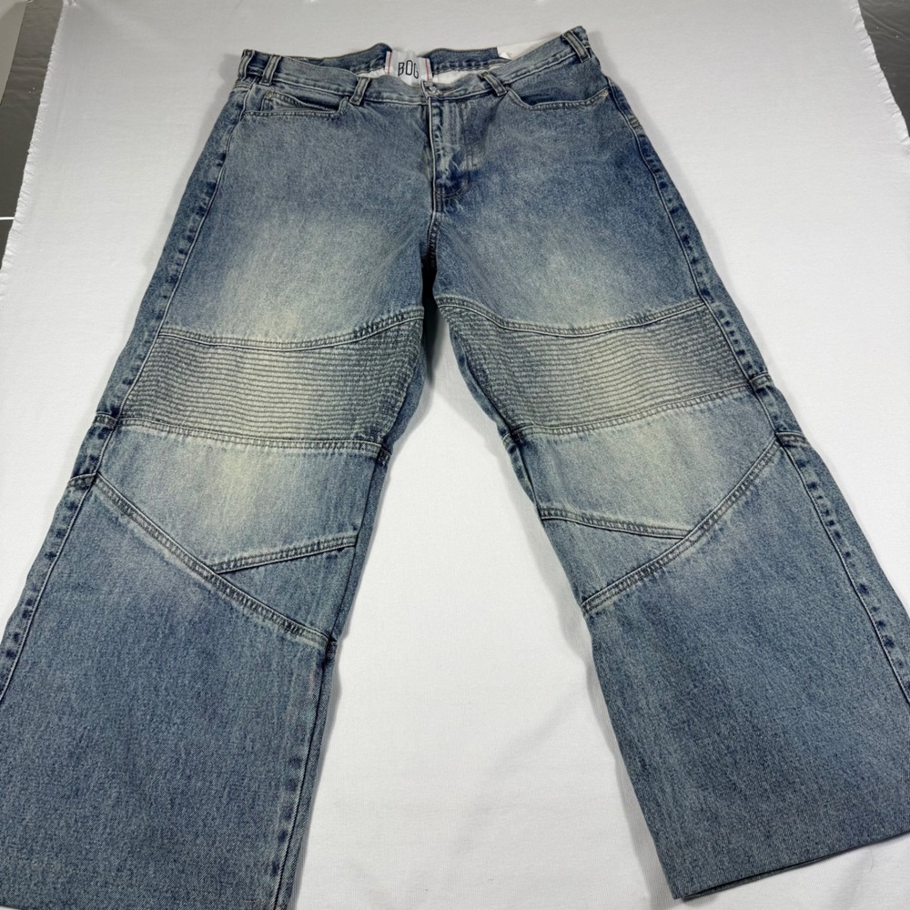 BDG Nitro Fit Jeans 34 Light Blue Moto Ribbed Paneled Wide Leg Baggy Denim SHORT
